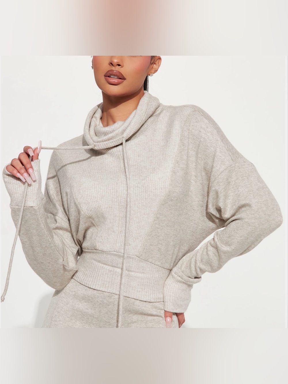 Women's Cozy Drawstring Cowl Neck Sweater - Cream
